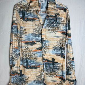 Vtg Moss Shirtmakers Trees Mountains Button Up Shirt Butterfly Collar Disco L